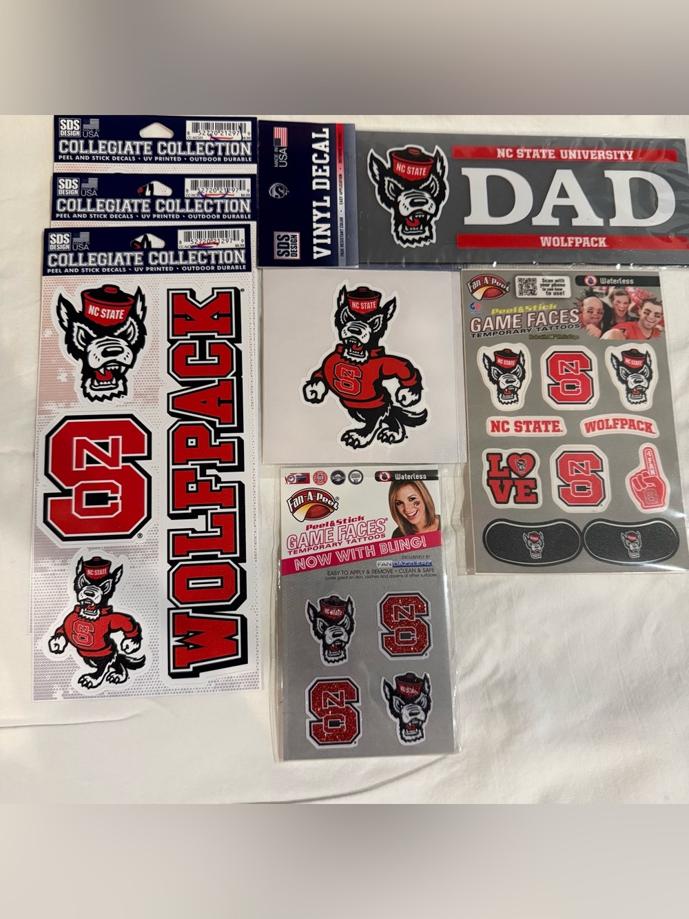 NC State Wolfpack Vinyl Decals & Game-Face Tattoo Set, 7 sheets